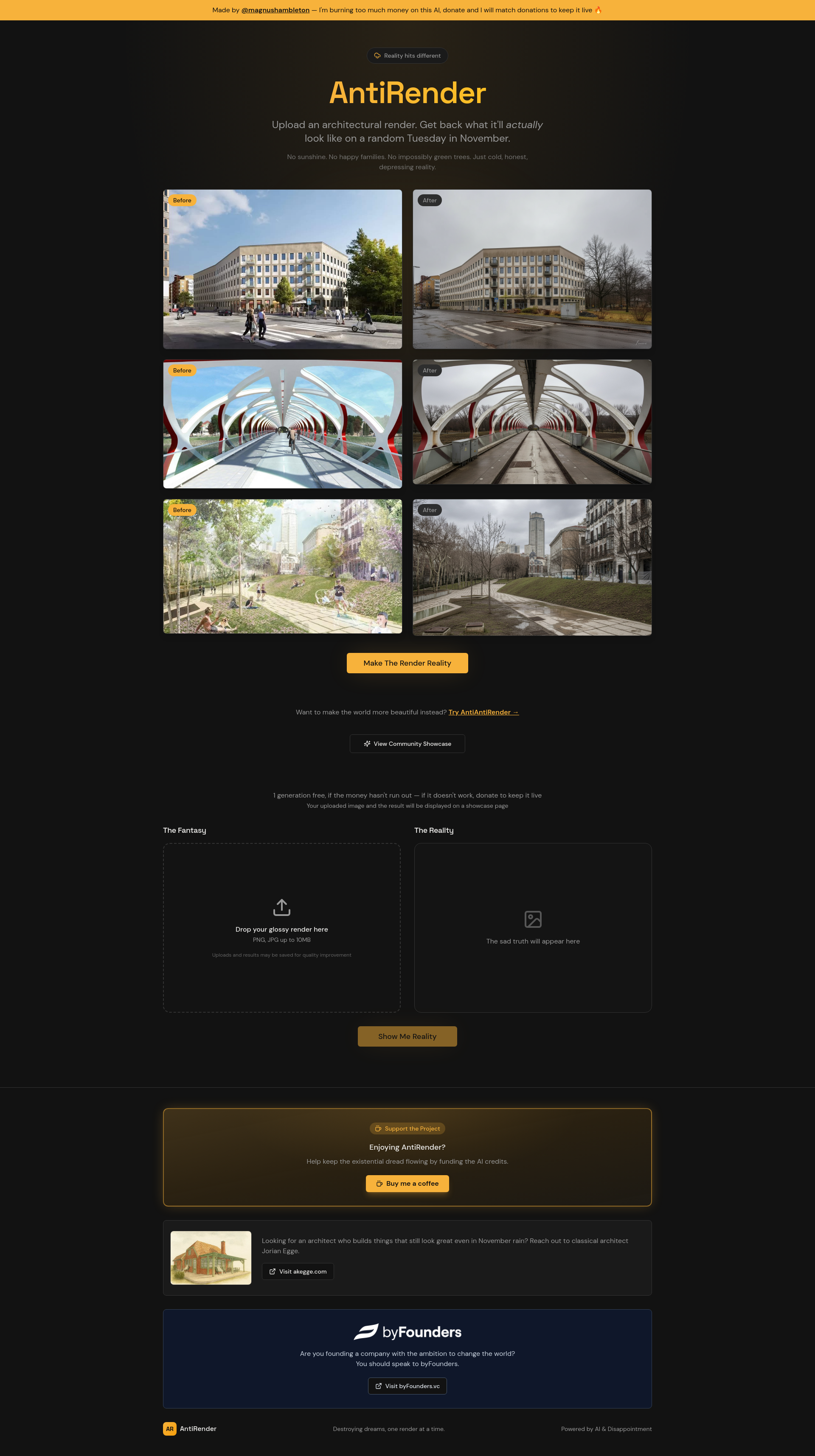 AntiRender AI Tool Uses Generative Tech to Depict Unflattering Architectural Realities