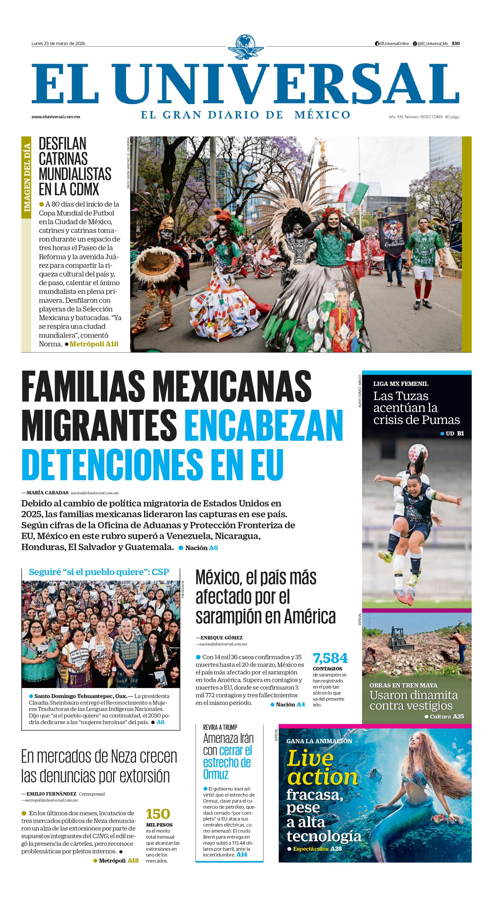 El Universal restringe acceso a su portada del 23 de marzo de 2026 a suscriptores